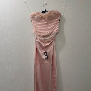 House of CB Pink Ruched Strapless Corset Top and Matching Satin Skirt